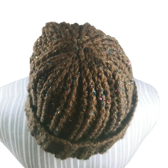 Handmade Ribbed Acrylic Tuque Brown Metallic Very  Warm - Picture 5 of 7